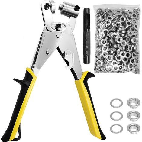 Pinza per occhielli a 200 occhielli (diametro 10 mm), ferro + lega + rivestimento + gomma, adatta per pelle, cinture, tende e tessuti (230 × 100 × 50 mm) (giallo, argento)