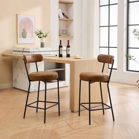 Lot de 2 Tabourets de Bar - Chaise de Cuisine - avec Dossier et Repose-pieds -Style Industriel - Marron Rustique et Noir (1/5)