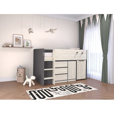 Lit combiné 90 x 190 cm avec bureau et rangements - Coloris : Anthracite et naturel grisé + Matelas - SAGITI (1/4)