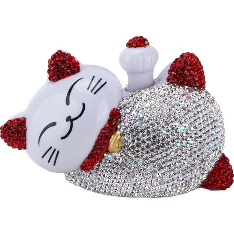 Chaton Chanceux Maneki Neko Décor Intérieur Voiture Strass Cristal Autocollant Tableau de Bord Ornement Figurine Rouge (1/5)