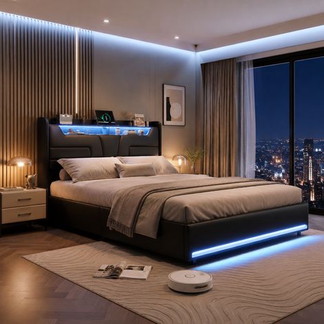 Lit coffre 160x200 cm – revêtement similicuir noir – LED – ports USB – rangement grande capacité (1/5)