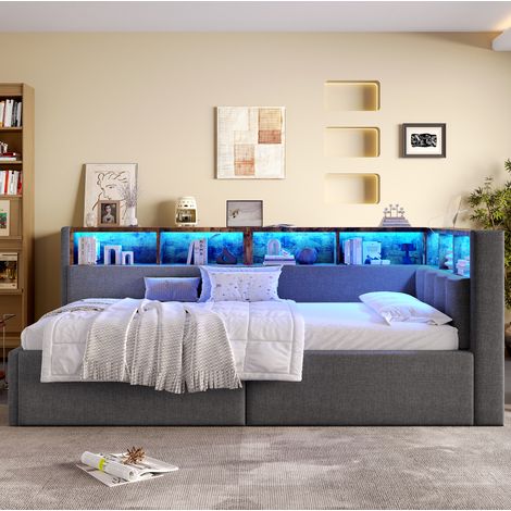 Letto daybed moderno in lino grigio 90x200 cm con testiera contenitore, LED multicolore, USB e vano idraulico (1/5)