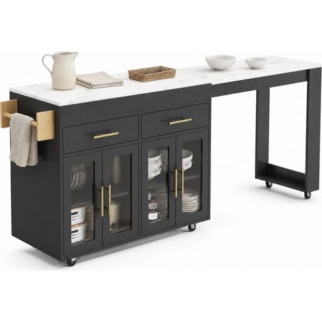 ELVMI Desserte de cuisine avec table extensible, 2 tiroirs, 2 portes vitrées et roulettes, pour cuisine et salle à manger (1/5)