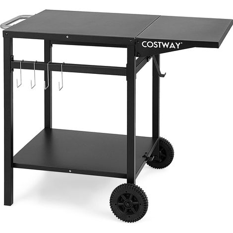 COSTWAY Mesa de Carro de Comedor Móvil, Carrito de Doble Estante con Tablero Plegable, 4 Ganchos Extra y 2 Ruedas Direccionales, Carro de Exterior para Horno de Pizza, para Patio, Terraza