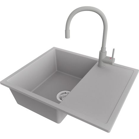 PRIMAGRAN Evier Cuisine en Granit 62x50cm,Lavabo 1 bac + Robinet 38x14cm + Kit de Vidage, Évier à Encastrer au meuble 45cm - Ibiza, Gris (1/5)