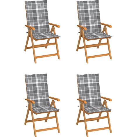 vidaXL Sillas plegables, 4 unidades, cojines con estampado de cuadros grises, madera maciza de teca. (1/5)