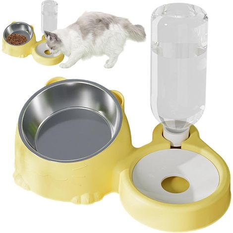 Katzenfutter- und Wasserset, schräger Futternapf, Edelstahlnapf, automatischer Wasserspender. (1/5)