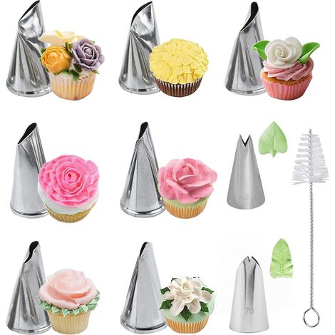10 Douille Patisserie, Acier Inoxydable, 7 Fleurs, 2 Feuilles, 1 Brosse, Pour Gâteau, Cupcake (1/5)