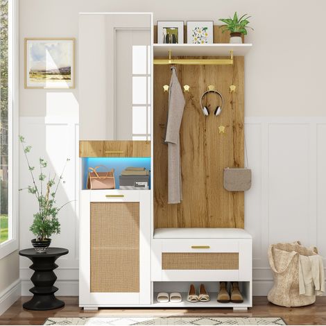 Garderobenset 110x38x190 cm Weiß/Holz aus MDF und Spanplatte mit Spiegel, Sitzbank und LED-Beleuchtung (1/5)