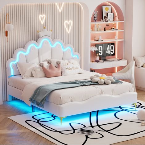 MEUBLIV Bett 140x200 cm weiß – LED und Kronenkopfteil, ohne Matratze (1/5)