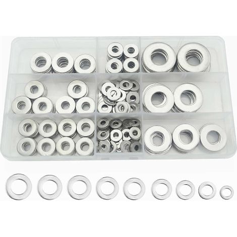 Assortiment de rondelles plates en acier inoxydable SAE 304 (6, 8, 10 et 12 unités) : 1/4", 5/16", 3/8", 7/16" et 1/2". (1/5)