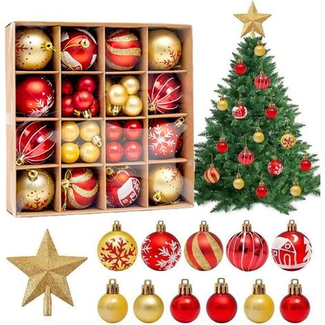 Lot de 45 boules Noël rouge et or – Avec cime étoilée – Incassables – Pour sapin (1/5)