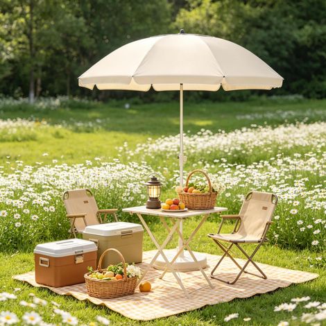 Sombrilla de playa plegable 135x122-172 cm beige en metal y poliéster con inclinación regulable (1/5)