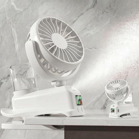 Mini ventilador USB con clip，mini humidificador recargable con función de vapor，4 velocidades de viento，escritorio y oficina (blanco) (1/4)