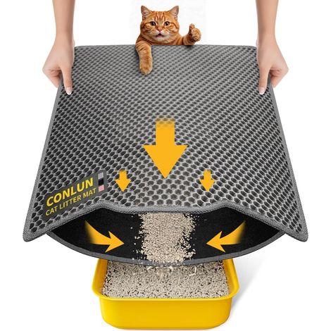 Cat Litter Tray Mat, 58 x 42 cm, Honeycomb Double Layer Cat Litter Mat, Urine & Waterproof Cat Mat, Cat Litter Box, Easy to Clean, Non-Slip Cat Mat for Floor, Grey, 2317 (1/5)
