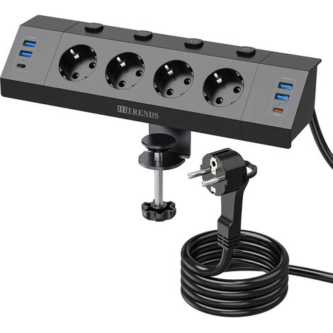 Multiprise USB de bureau avec interrupteurs individuels, 4AC prise ue de bureau, prise Multiple avec USB C PD 20W, câble de 2m pour la maison, Noir (1/5)