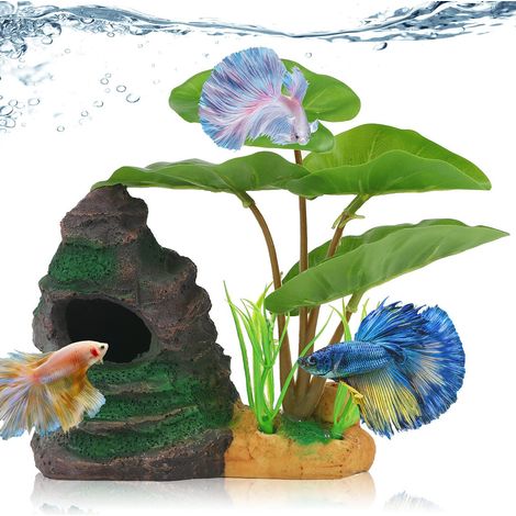 Tapis de feuilles en forme de hamac pour poisson betta et grotte rocheuse en résine - Décoration pour aquarium de cichlidés avec plantes artificielles, idéale pour le repos, la cachette, le jeu et la (1/5)