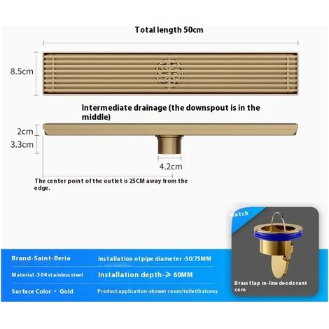 (8.5cmx50cmA) Golden Bamboo Row High-End Bathroom Shower Floor Drain Six-Proof Grille Extended Linear Stainless Steel Long Floor Drain (1/4)