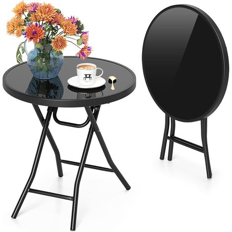GOPLUS Table d'Appoint Exterieur Plateau en Verre, Table Jardin Balcon Pliante Système de Verrouillage, Meuble de Patio Style Élégant, Charge 50kg, 46 x 48 CM (Noir) (1/5)