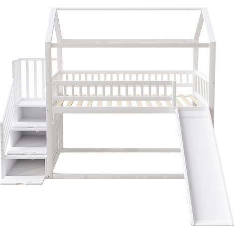 Letto a soppalco per bambini 90 x 200 cm bianco con scivolo, scala contenitore e sponde (1/5)