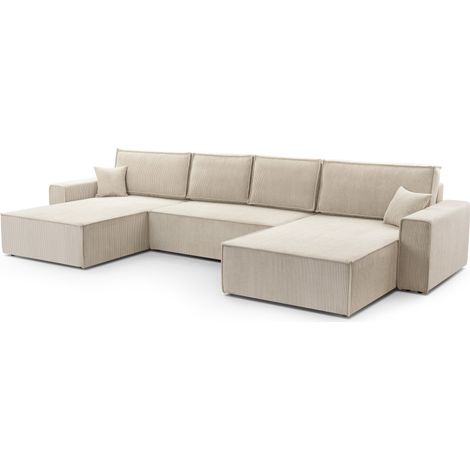MEUBLER DESIGN Canapé Panoramique Convertible Avec Coffre En Velours Côtelé Beige Juul, Structure En Bois, Assise En Mousse Polyuréthane T30 + Ressorts Zig-zag, Style ,  x  x  cm (1/5)