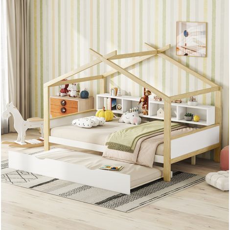 Letto a casetta bambini 140x200 cm con letto aggiuntivo e 4 vani portaoggetti, bianco (1/5)