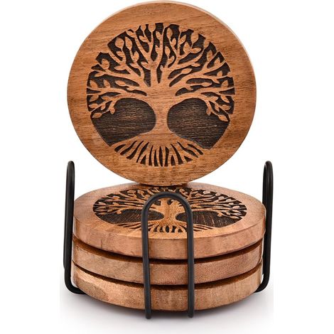 Lot de 4 Dessous de Verre Ronds en Bois Faits à la Main avec Support en Fer pour Tout Type de Table pour Bar, Cuisine, Maison, Appartement (10,16 cm x 10,16 cm x 1,27 cm) (1/5)