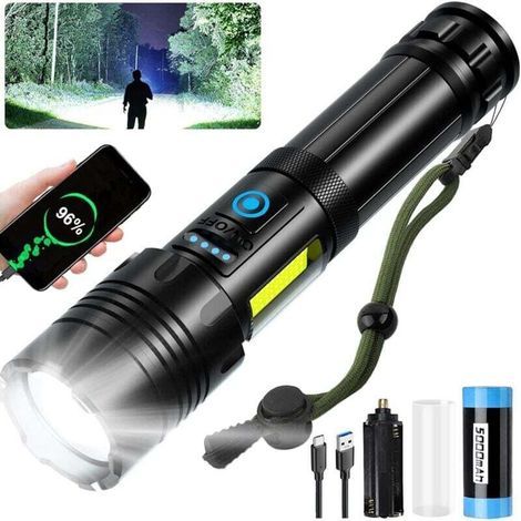 Lampe Torche LED Ultra Puissante, Lampe de Poche Rechargeable, Lampe Torche Tactique Militaire Puissante, IPX6 Étanche, 7 Modes D'éclairage pour Camping Randonnée (1/4)