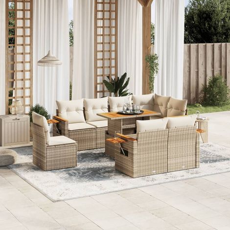 Ensemble de jardin 9 places en résine tressée beige avec table extensible et coussins lavables - Salon d'extérieur modulaire avec accoudoirs en acacia (1/3)