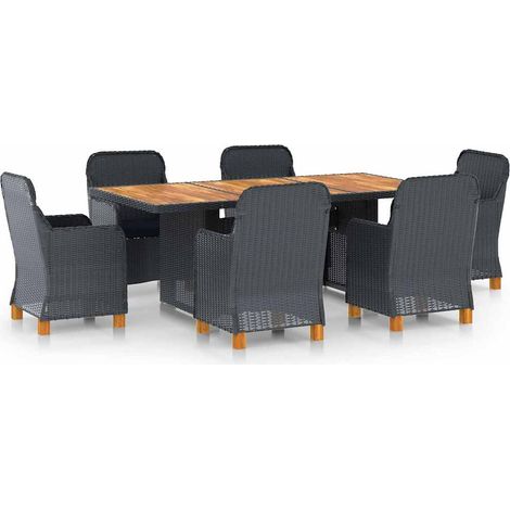 Ensemble Table + 6 chaises - Table à manger avec Chaises avec coussins Résine tressée Gris foncé BV569876 - BonneVie (1/5)