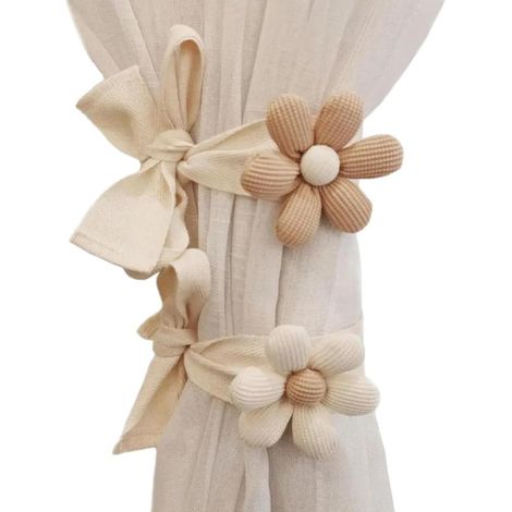 2 attaches rideaux motif floral, pompons déco, cordon maison, chambre enfant, blanc cassé et brun café (1/5)