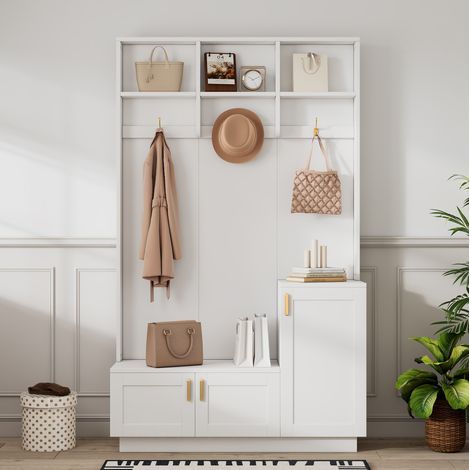 Recibidor con banco 120x40x200 cm blanco en tablero de partículas con perchero, zapatero y estante ajustable (1/5)