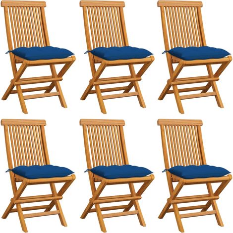 Chaises de jardin avec coussins bleu 6 pcs Bois de teck massif 3 (1/5)