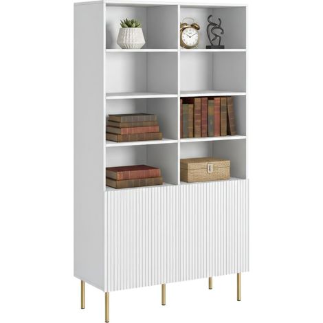 Libreria Estarreja, Mobile portalibri con vani aperti e due ante, Rialzato da terra, 100x42 h177 cm, Bianco