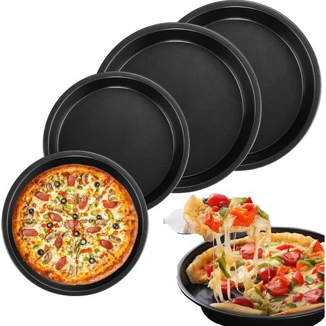 Set di 4 teglie rotonde per pizza (15 x 18 cm), in acciaio al carbonio con rivestimento antiaderente, per torte, pane e biscotti, resistenti e facili da pulire, per cuocere e servire, nere (1/5)