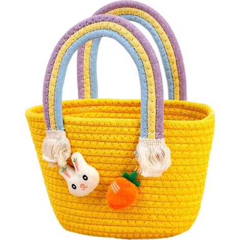 Panier de Pâques tressé avec anse, panier en coton tressé pour la chasse aux œufs avec lapin et carotte, sac à friandises de Pâques vide pour cadeaux et bonbons (1/5)