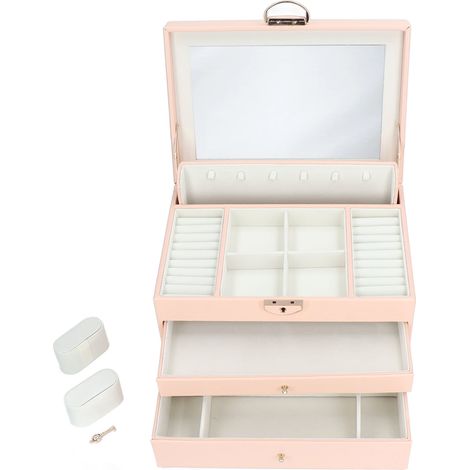 Ce coffret à bijoux portable en cuir de grande capacité, doté d'un miroir, est idéal pour ranger bijoux, boucles d'oreilles et bagues lors de vos voyages. (1/5)