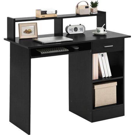 Bureau Noir pour Ordinateur PC Bureau Informatique 106 x 50 x 94 cm avec Porte Clavier Coulissant Tiroir et 2 étagères Table de Bureau pour Chambre Studio Noir (1/5)