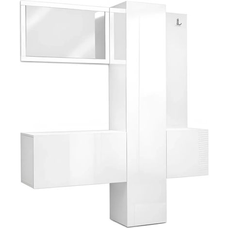 Mobile Ingresso 4 Pezzi Bianco Lucido Scarpiera Specchio Appendiabiti