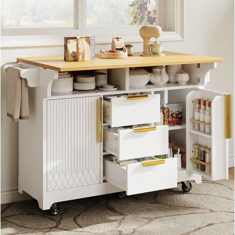 Îlot de cuisine mobile 120x40x95 cm en MDF blanc, plateau rabattable gain de place – MEUBLIV (1/5)