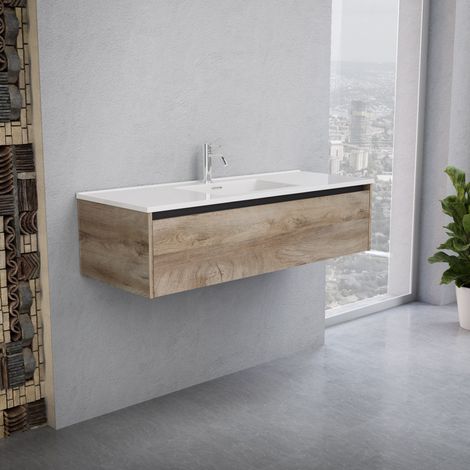 Inda - Badezimmerschrank 1 Schublade B.120 mit glänzendem Waschbecken / Natureiche - Smeraldo (1/5)