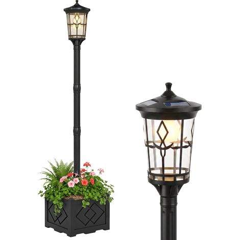 Lampada solare da giardino con vaso integrato – 2 modalità di luminosità 100/50 lm – IP44 – Accensione/spegnimento automatico – Nera