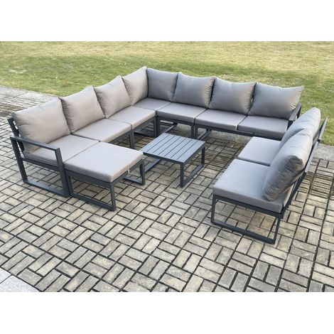 Fimous 10 Seater Patio Outdoor Garden Furniture Aluminium Lounge Corner Sofa Set with Square Coffee Table with Big Footstool Dark Grey (1/5)