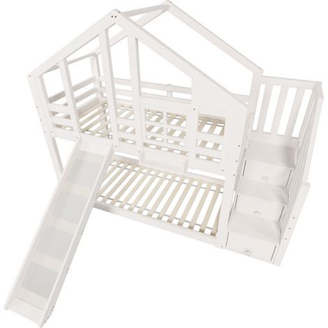 Letto a casetta bambino 90 x 200 cm bianco con scivolo e vani portaoggetti HOMVRA (1/5)