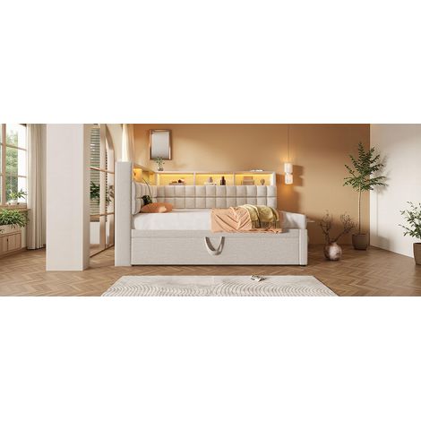 Lit en lin 90x200 cm + lit extérieur 90x190 cm, lumières LED, écouteurs Bluetooth, port USB/Type-C, rangement supérieur, canapé-lit, couleur beige, sans matelas. (1/5)