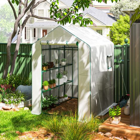 Serra da giardino con 1 porta, 2 finestre e 3 ripiani per ortaggi, piante e fiori. Copertura in PE. 140 x 143 x 190 cm. Colore bianco.