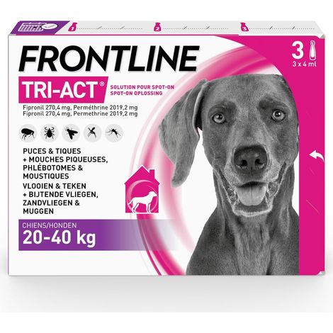 Tri-Act Chien - Anti Puces, Tiques, Moustiques, Phlébotomes & Mouches - Traitement Radical En 6h - Pour Gros Chien De 20 à 40 kg - Fabriqué En France - 3 Pipettes Application Spot On (1/4)