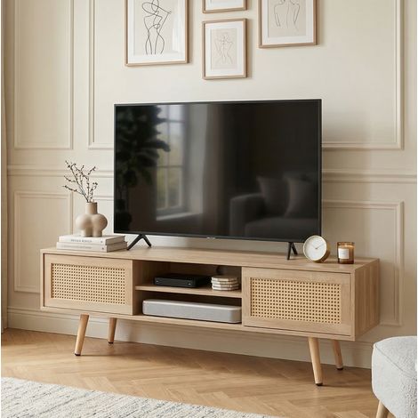 TV-Möbel 140 cm Naturholzoptik – Schiebetüren, Stauraum, Rattan-Flechtoptik (1/5)