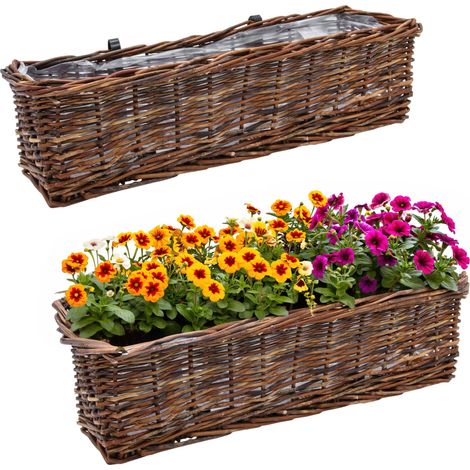 Rattan Balkonkasten 2er Set eckig mit Folie natur dunkel - 60 x 19 cm - Rattan Blumenkasten mit Aufhängung für Geländer bis 3,5 cm