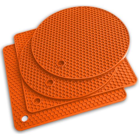 Ensemble d'accessoires de cuisine en silicone Q's INN comprenant 4 pièces : manique, protège-table et protège-plan de travail, égouttoir à vaisselle et gants isolants thermiques 225 °C, couleur orange (1/5)